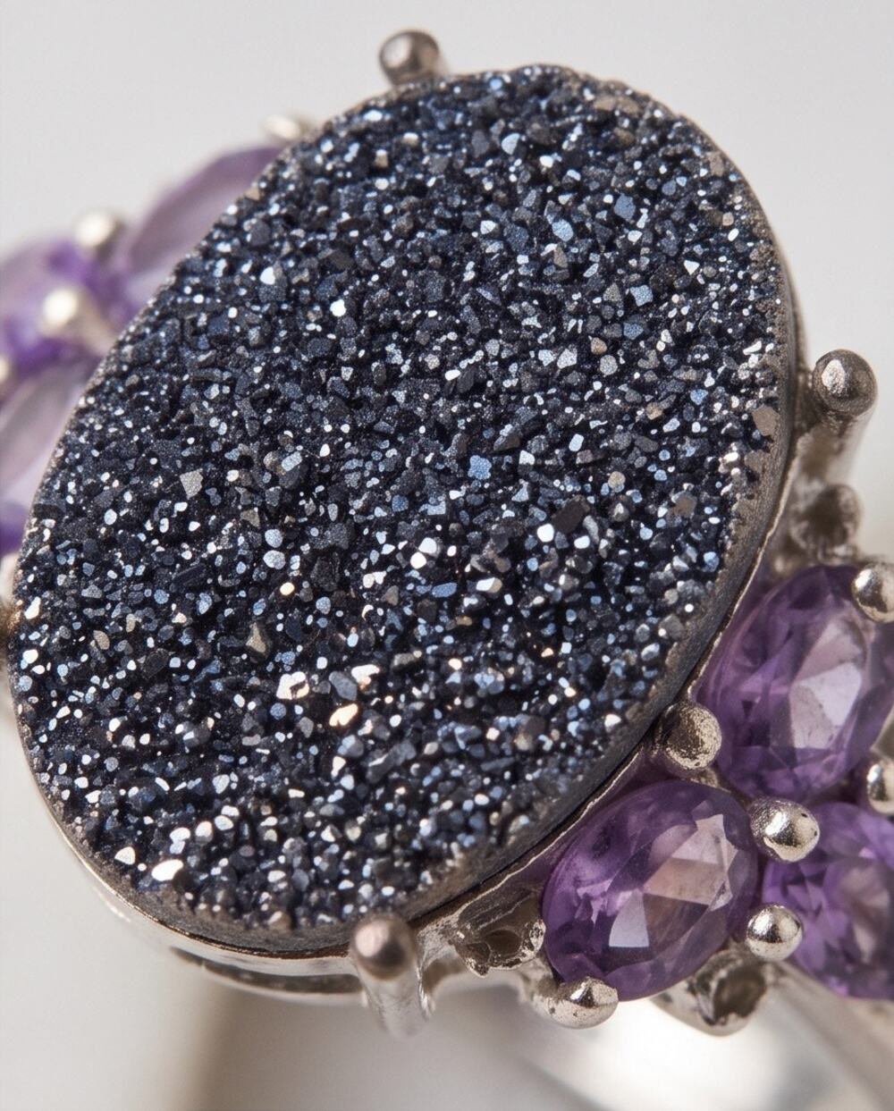 Vintage Druzy Amethyst & Diamond Ring STS Size 7 Sterling